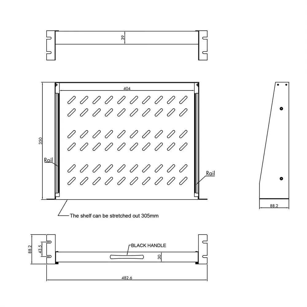 VALUE 19-Zoll-Fachboden ausziehbar, 2 HE, 404 x 350 mm, 30 kg Traglast