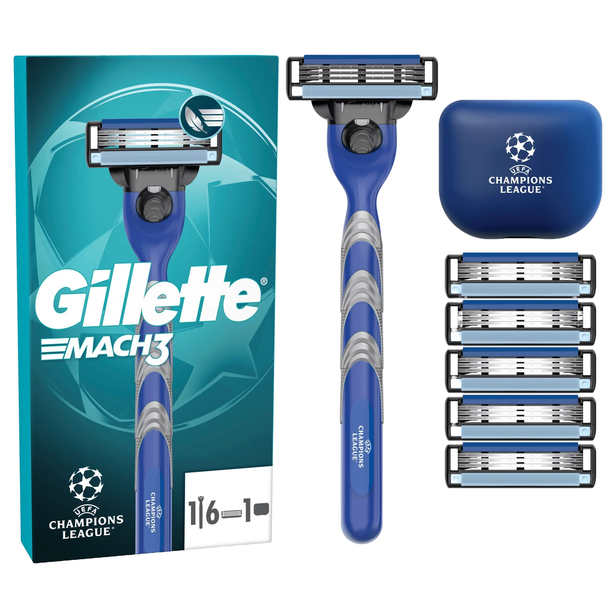 Gillette Mach3 Systemklingen 6er + Handstück + Reiseetui "UEFA Champions League"