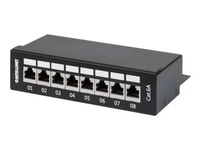 IC Intracom Intellinet Patch Panel, Cat6a, FTP, 8-Port, Desktop, Shielded, 90° Top-Entry Punch Down Blocks, Black