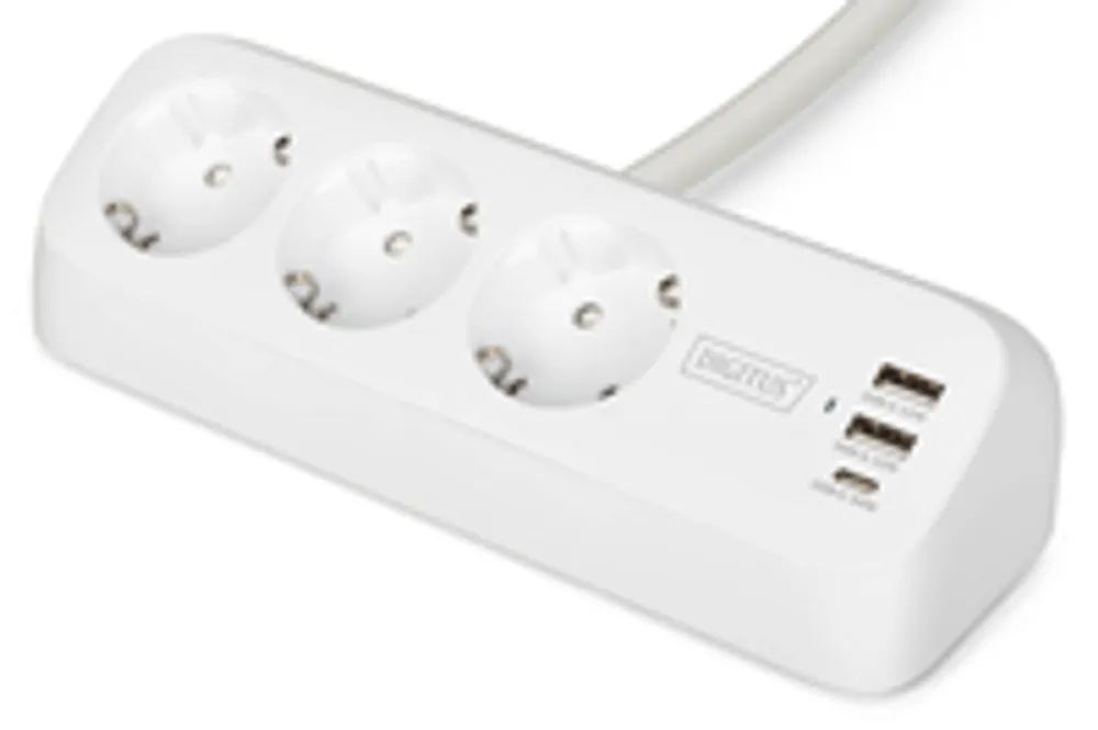 DIGITUS 3-fach Office-Steckdosenleiste mit 2x USB-A und 1x USB-C Anschlüssen, Weiß