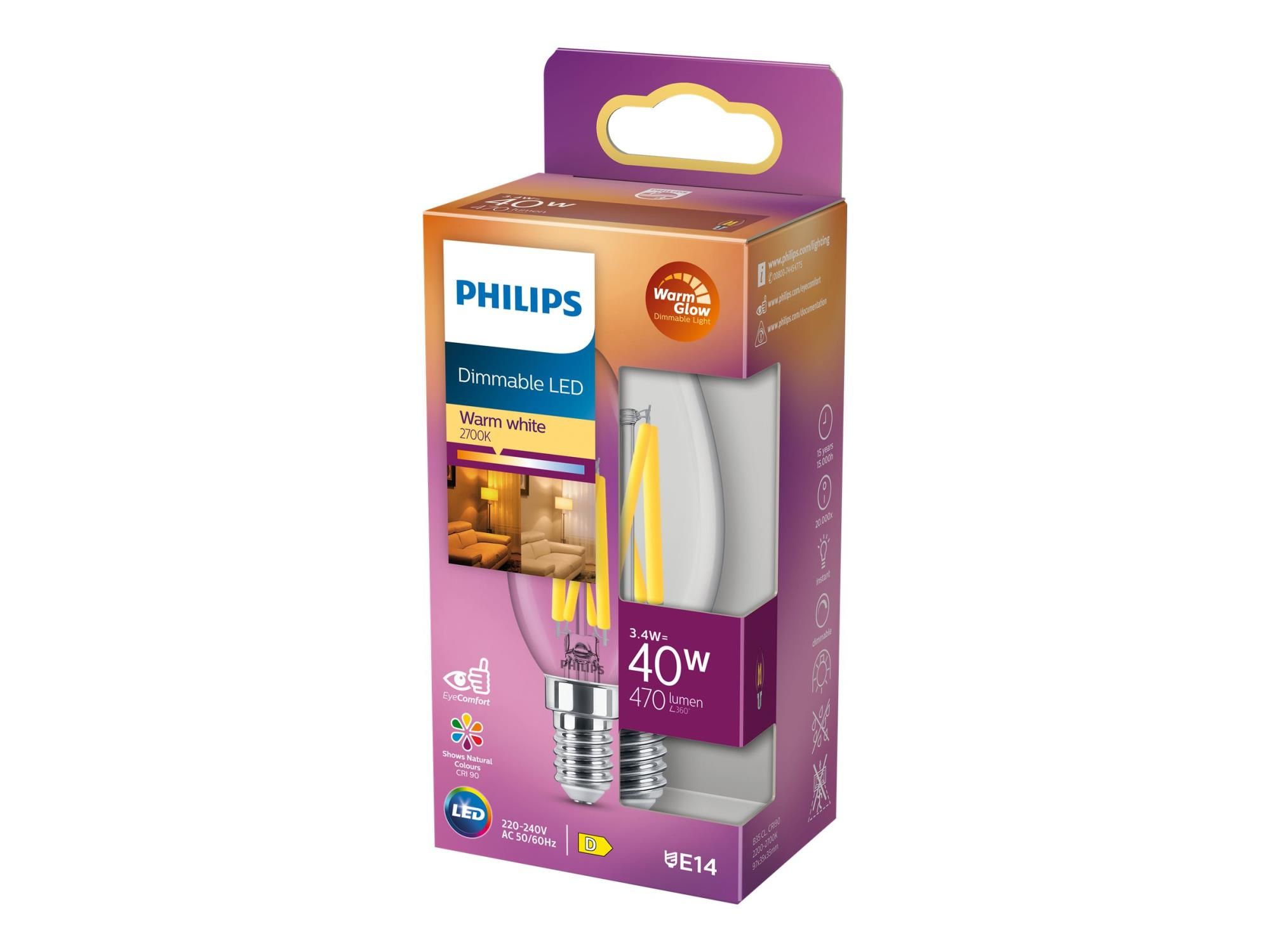 Philips Glühbirne mit LED-Filament - Form: B35 - klar Finish - E14 - 3.4 W (Entsprechung 40 W)