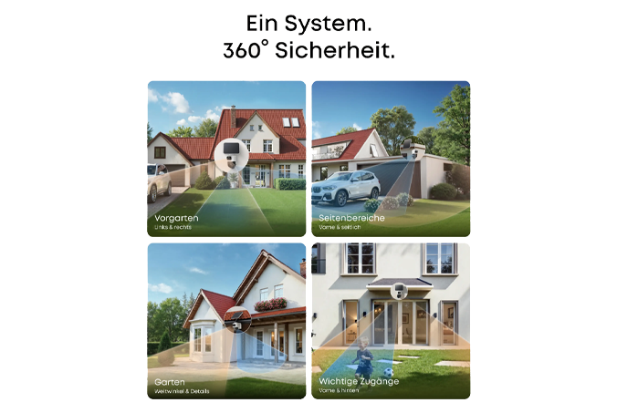 eufyCam S4 Überwachungssystem für 360° Sicherheit mit Kameras für Vorgarten, Seitenbereiche, Garten und wichtige Zugänge