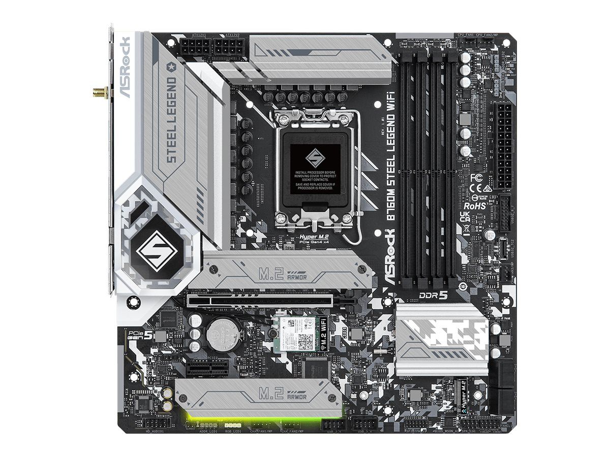 ASRock B760M Steel Legend WiFi - Motherboard - micro ATX - LGA1700-Sockel - B760 Chipsatz - USB-C 3.2 Gen2, USB 3.2 Gen 2, USB 3.2 Gen 1 - 2.5 Gigabit LAN, Wi-Fi 6E, Bluetooth - Onboard-Grafik (CPU erforderlich)