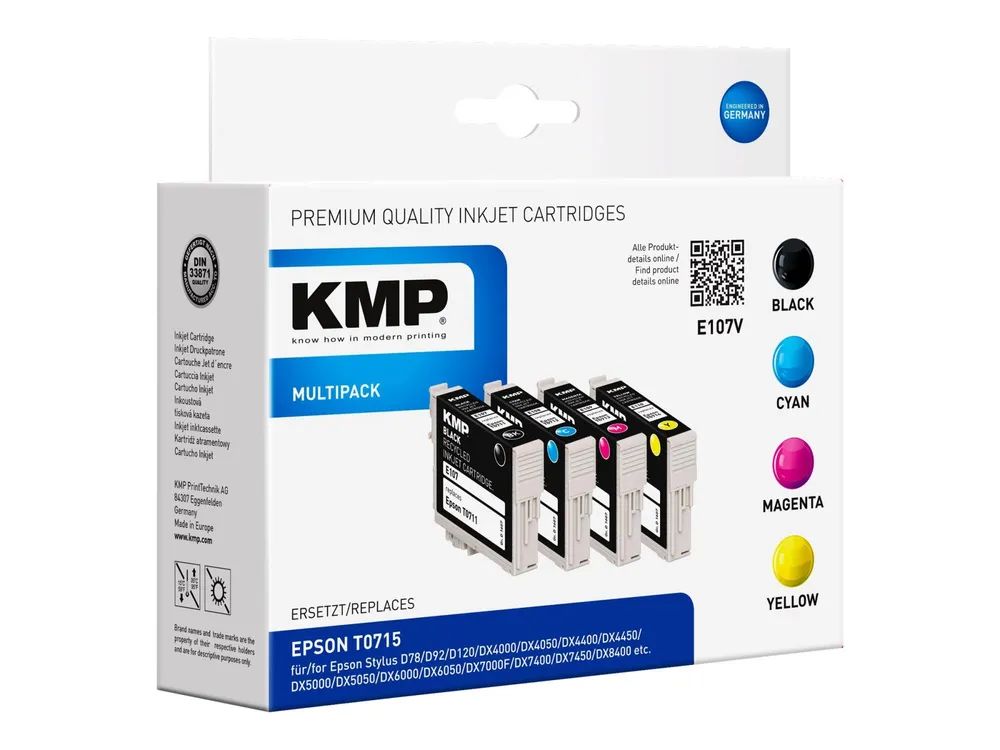 KMP MULTIPACK E107V - 4er-Pack - Schwarz, Gelb, Cyan, Magenta - kompatibel - Tintenpatrone (Alternative zu: Epson C13T07114011, Epson C13T07124011, Epson C13T07134011, Epson C13T07144011, Epson T0711, Epson T0712, Epson T0713, Epson T0714)