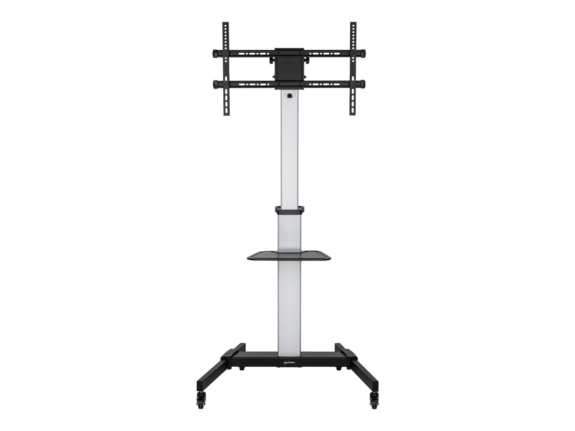Manhattan TV & Monitor Mount, Trolley Stand, 1 screen, Screen Sizes: 37-86", -10 to 5° Tilt, 90° Rotation, Silver/Black, VESA 200x200 to 600x400mm, Max 50kg, Height adjustable 1200 to 1600mm, AV/Laptop shelf, Aluminium, LFD, Lifetime Warranty - Wagen
