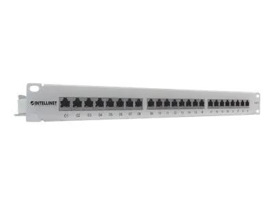 Intellinet 24-Port Cat6 Patchpanel, geschirmt, FTP, 1 HE, Klemmleisten mit 90 Grad abgewinkelten Kabeleinführungen - Patch Panel - CAT 6 - FTP - RJ-45 X 24 - Grau - 1U - 48.3 cm (19")