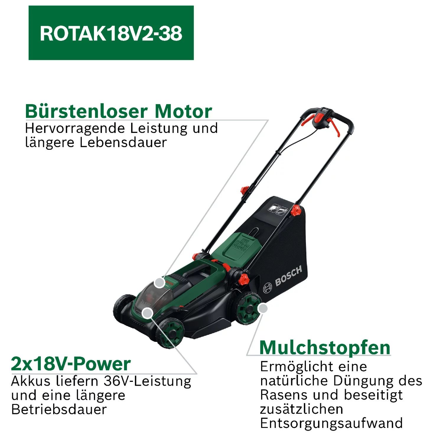 Bosch Rotak 18V2-38 Akku-Rasenmäher Kit