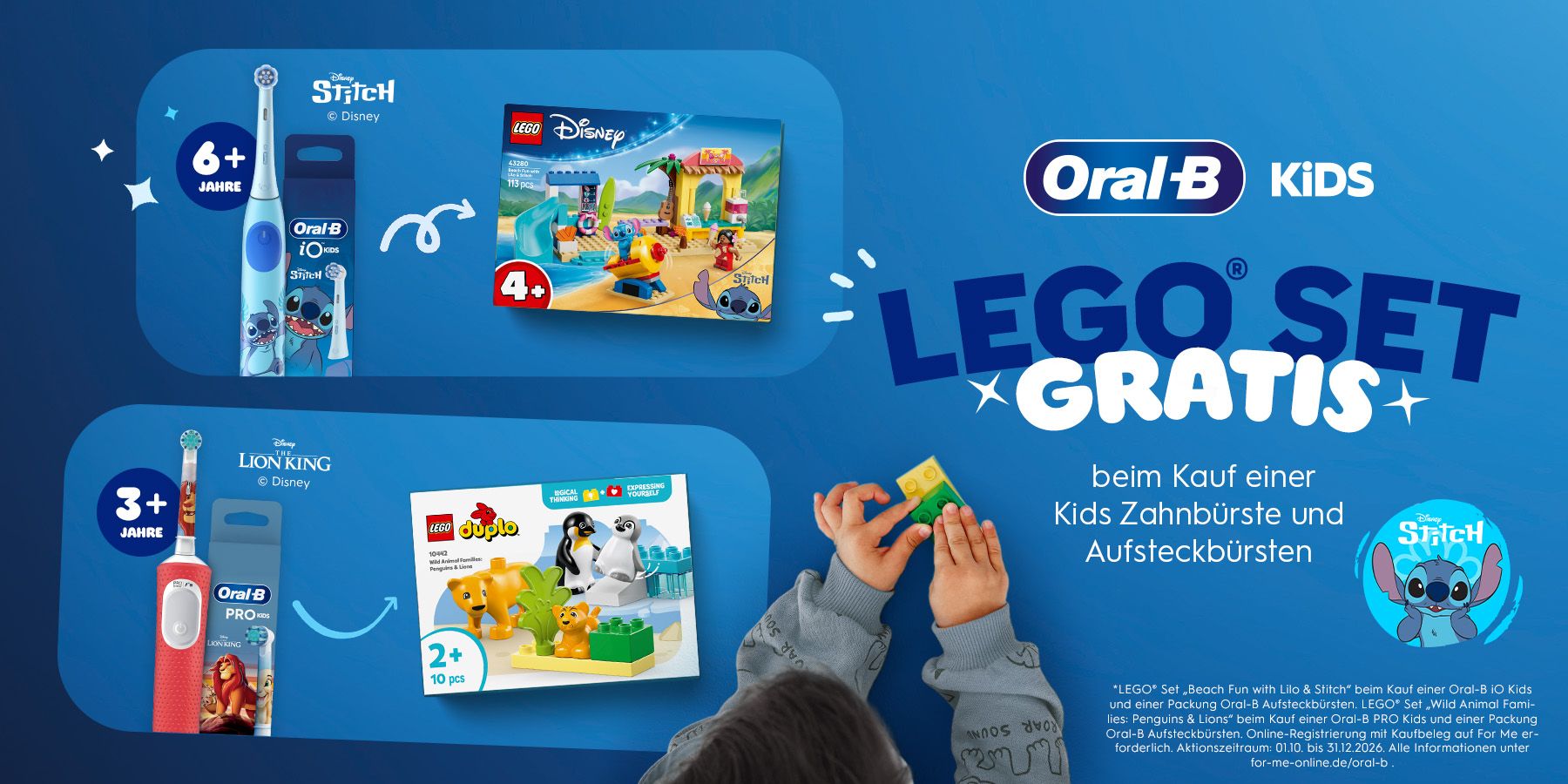 Oral-B Kids Aktion mit elektrischen Kinderzahnbürsten im Disney Stitch und König der Löwen Design sowie gratis LEGO Set