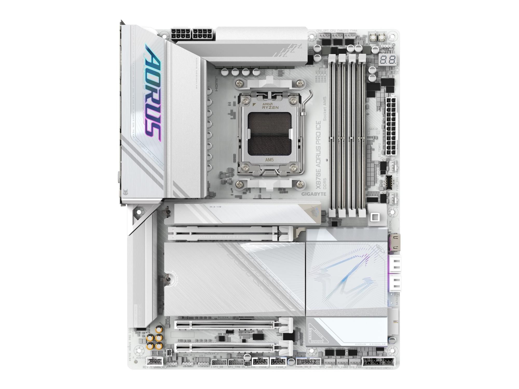 Gigabyte AORUS X870E PRO ICE - Motherboard - ATX - Socket AM5 - AMD X870E Chipsatz - USB-C 3.2 Gen 2x2, USB4, USB 3.2 Gen 1, USB 3.2 Gen 2 - 2.5 Gigabit LAN, Bluetooth, Wi-Fi 7 - Onboard-Grafik (CPU erforderlich)