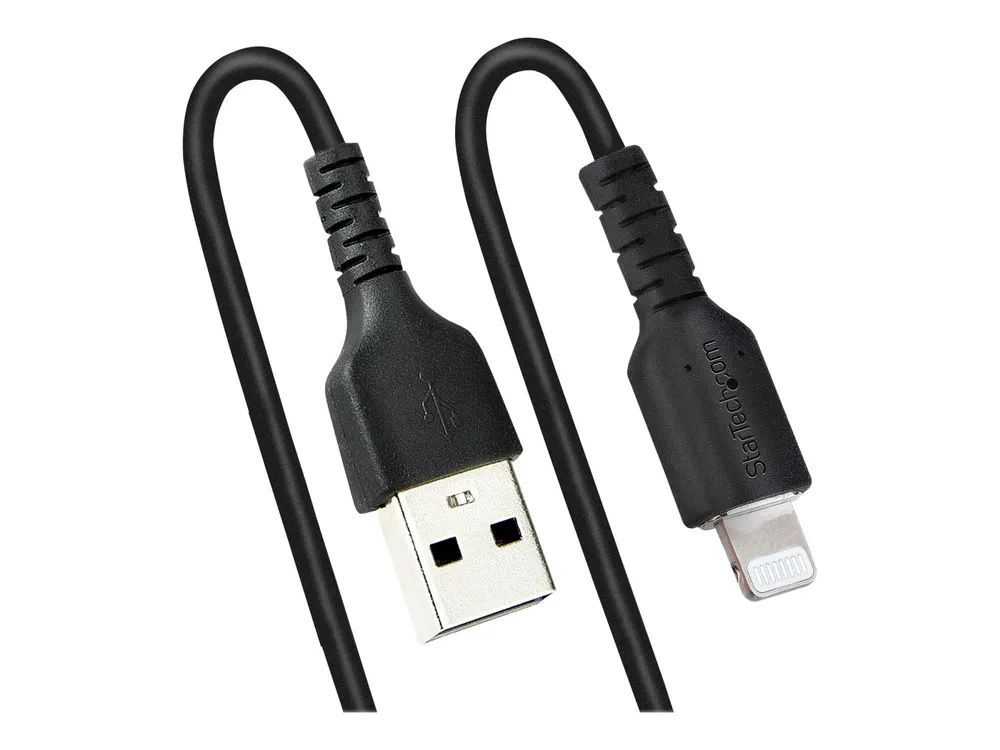 StarTech.com 50cm USB auf Lightning Kabel, Spiralkabel, MFi zertifiziert, Schnellladekabel für iPhone/iPad, Schwarz, robuster TPE Mantel mit Aramidfaser, USB 2.0 Kabel (RUSB2ALT50CMBC)