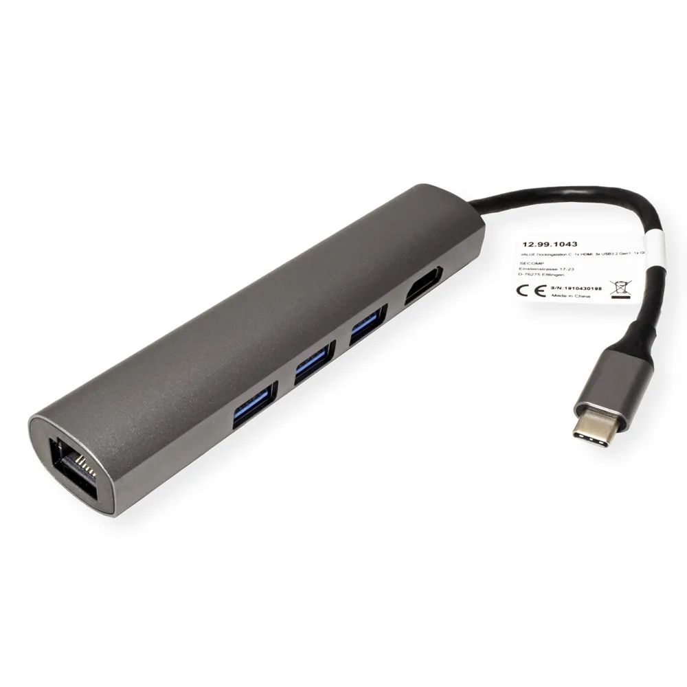 VALUE USB Typ C Dockingstation, HDMI 4K, 3x USB Typ A, Gigabit Ethernet, grau