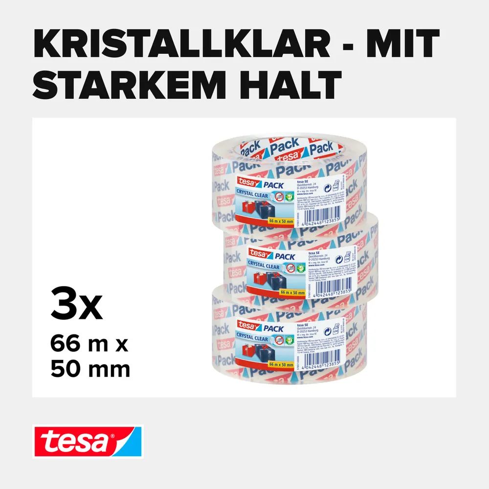tesa® tesapack Crystal Clear – 3er-Pack – transparentes, geräuscharmes Paketband 66 m x 50 mm
