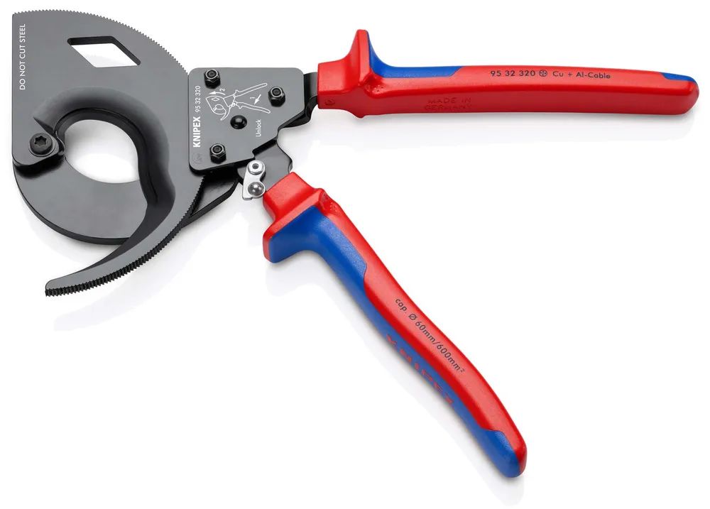 KNIPEX Kabelschneider (Ratschenprinzip, Dreigang) mit Mehrkomponenten-Hüllen schwarz lackiert 320 mm