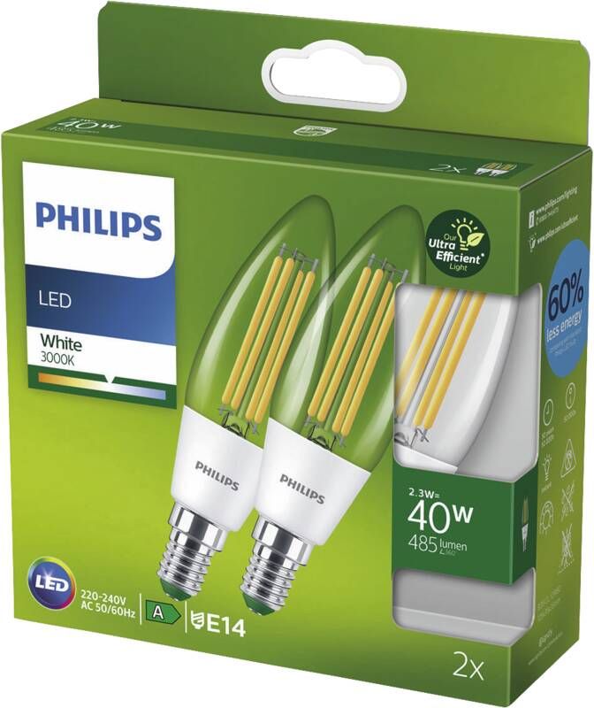 Philips LED CLA 40W B35 E14 3000K CL UE 2PF/SRT