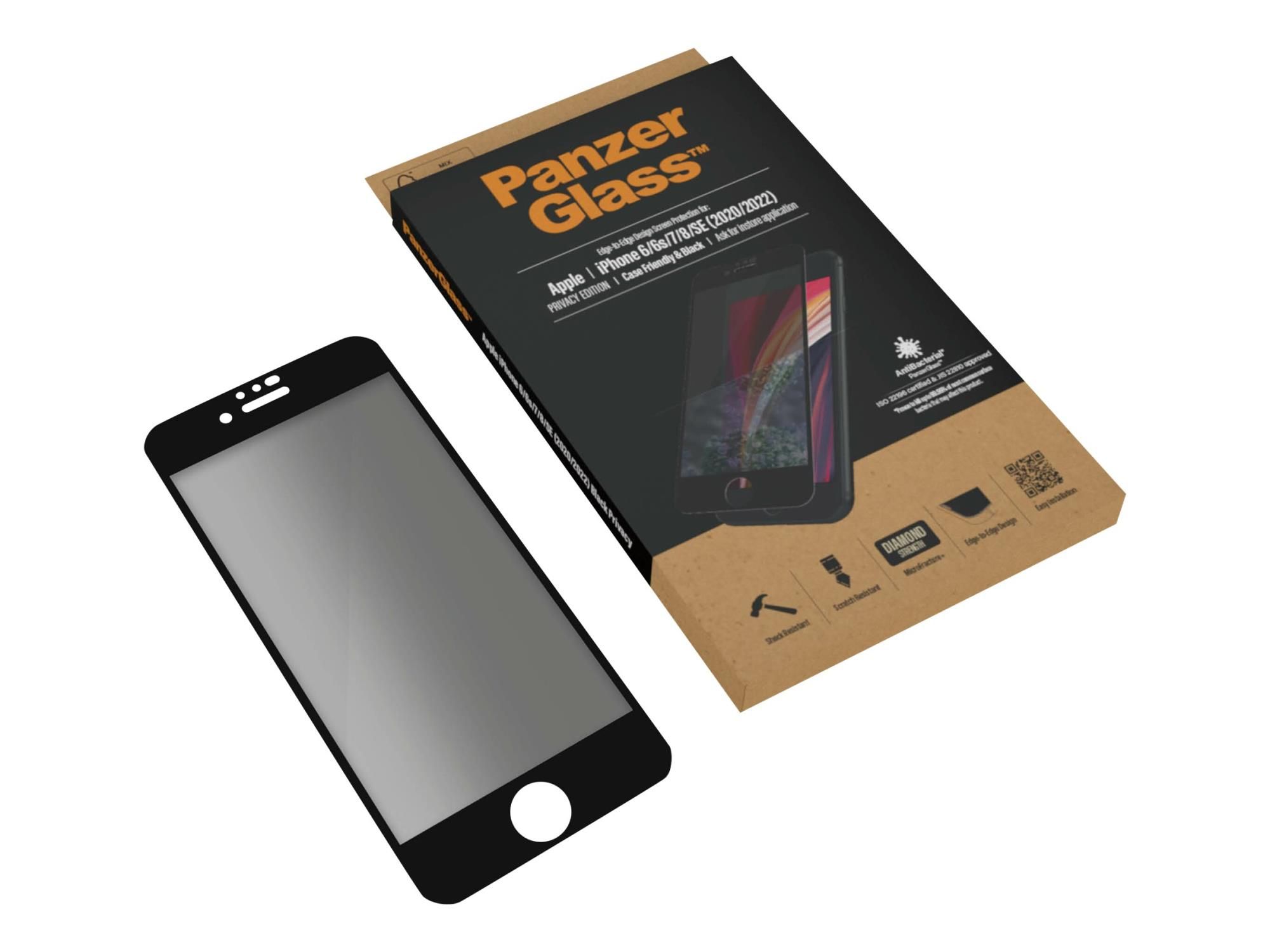 PanzerGlass Black & Case Friendly Privacy - Bildschirmschutz für Handy - Glas - mit Sichtschutzfilter - Schwarz - für Apple iPhone 6, 6s, 7, 8, SE (2. Generation)