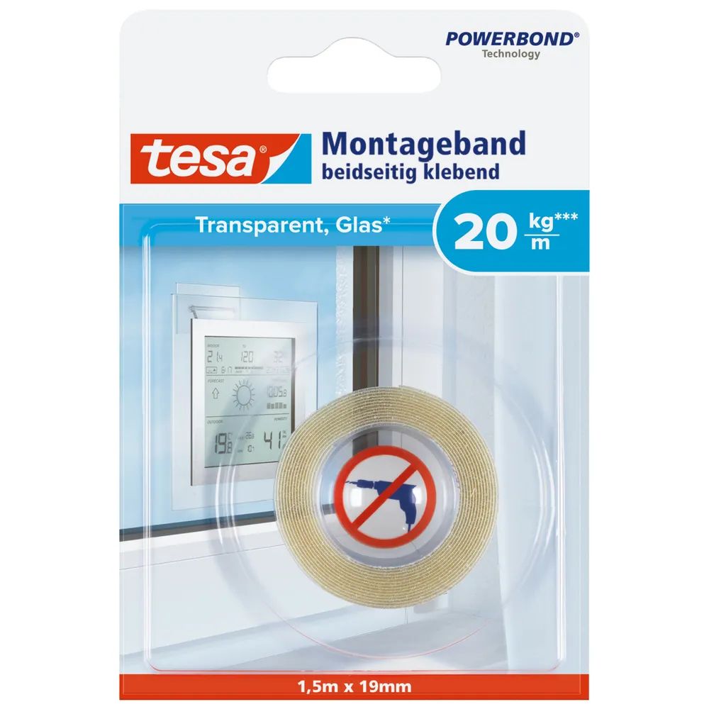 tesa® Montageband Transparent 1,5 m x 19 mm – stark haftend – Blisterverpackung