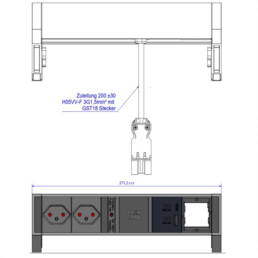 BACHMANN DESK2 2xCH 1xUSB A/C 22W 1xCM, 0,2m GST18 RAL9010 Schweiz