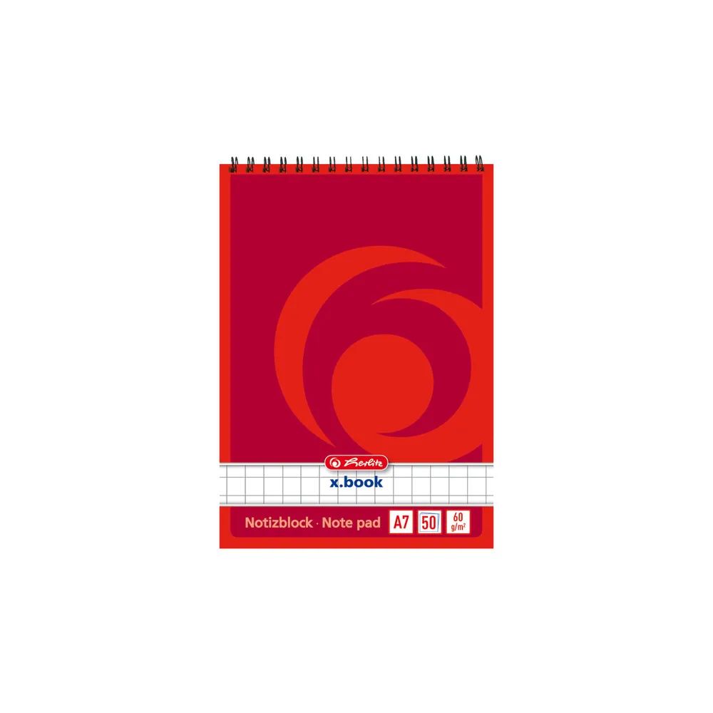 herlitz Spiralnotizblock, A7, 50 Blatt, 70g/m², kariert, 4 Stück