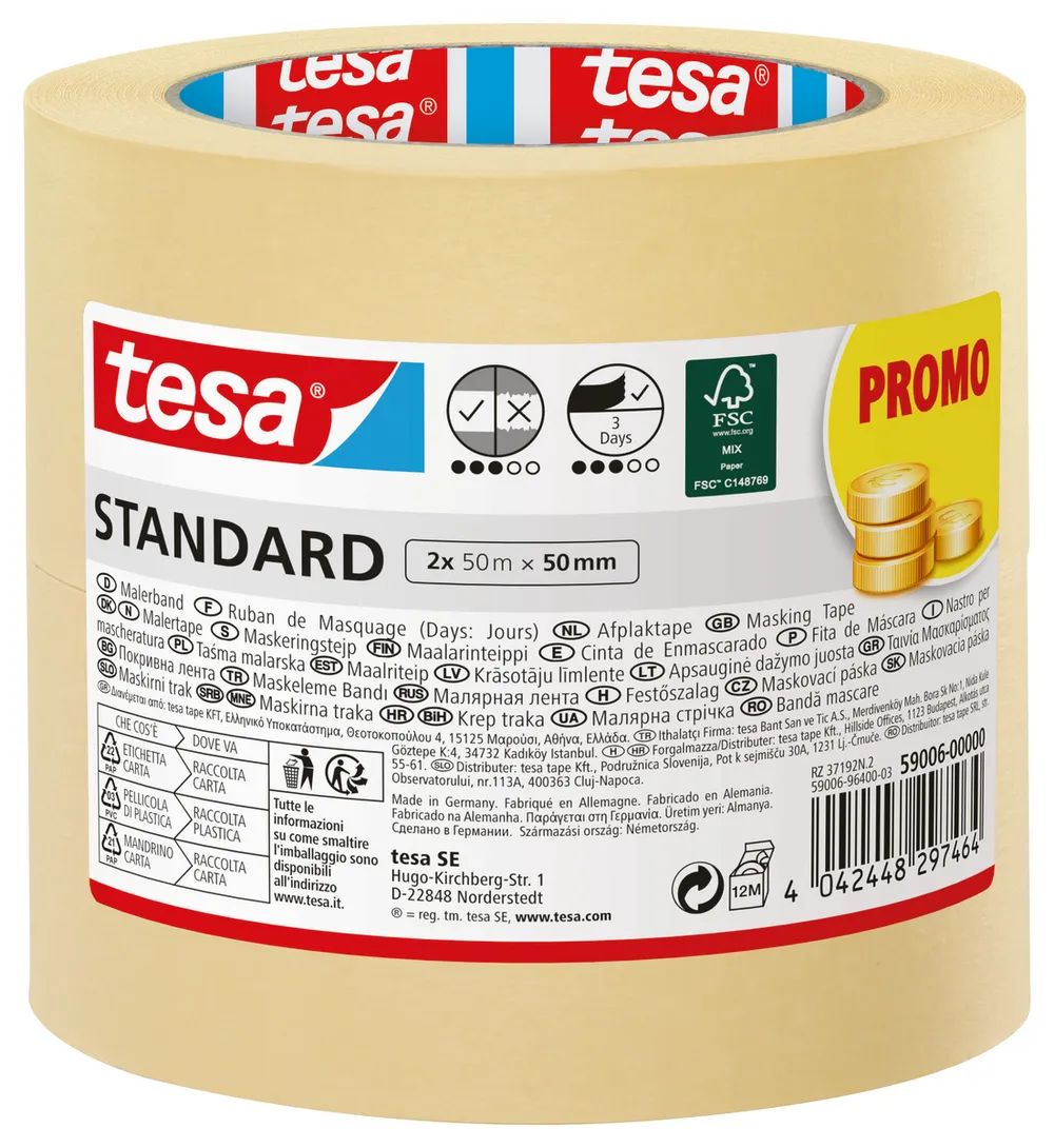 tesa® Malerband Standard – 2er-Pack – 50 m x 50 mm – Vorteilspack