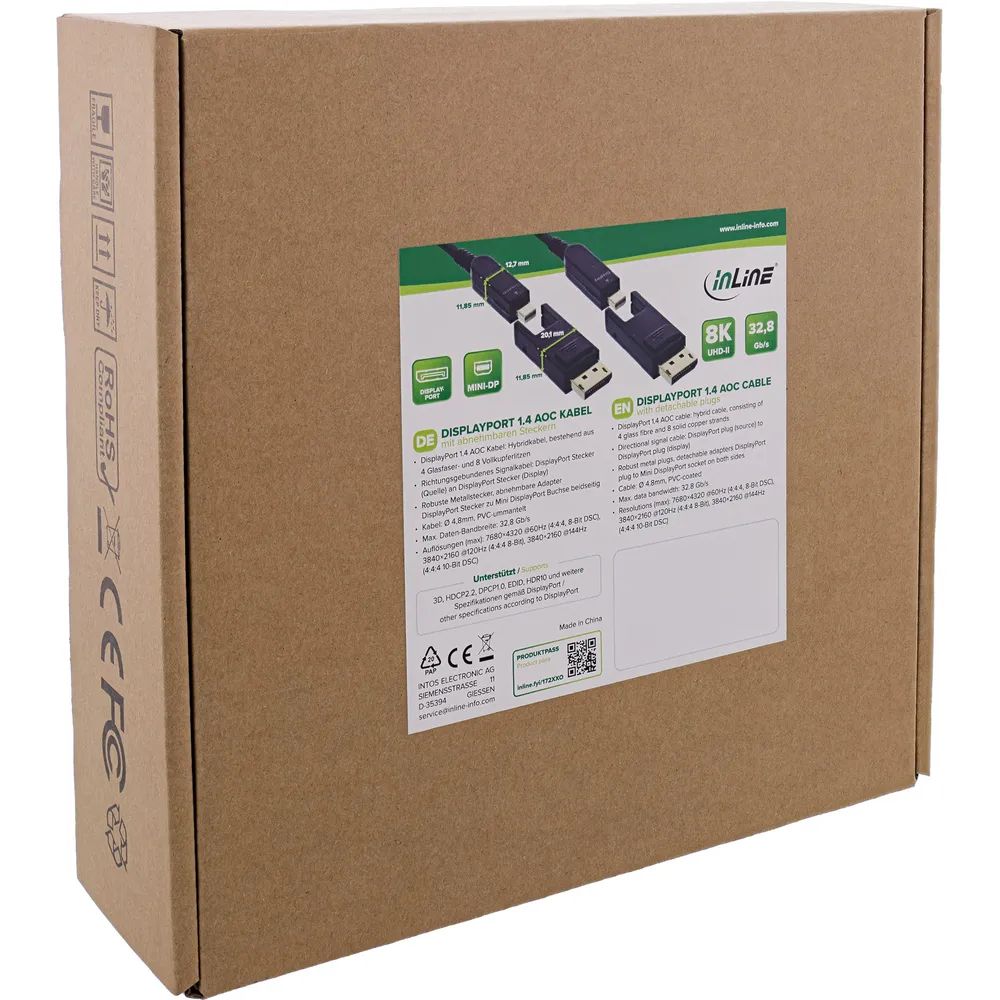 InLine DisplayPort 1.4 AOC Kabel - 8K4K - DisplayPort Stecker abnehmbar - 15m
