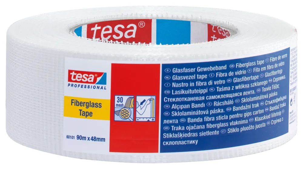 tesa® Glasfaserband 60101 Weiß 90 m x 48 mm – extrem zugfest – für Verstärkungsarbeiten