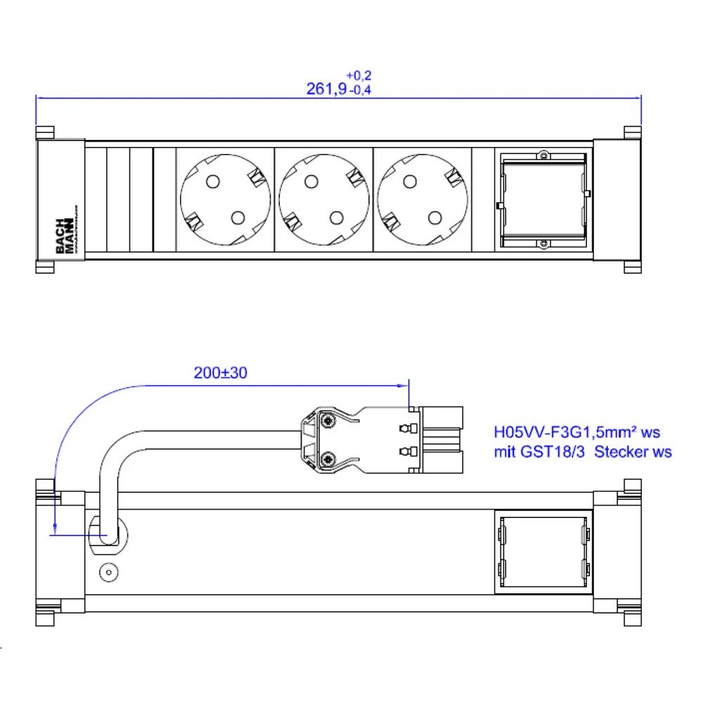 BACHMANN POWER FRAME 3xCEE7/3 1xCM 0,2m GST18 RAL9010