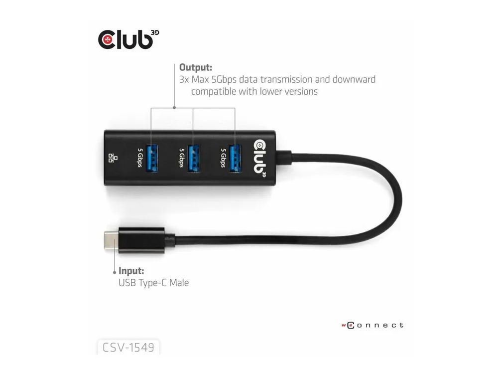 Club 3D CSV-1549 - Hub - USB Typ-C - 3 x USB 3.2 Gen1 + 1 x 10/100/1000