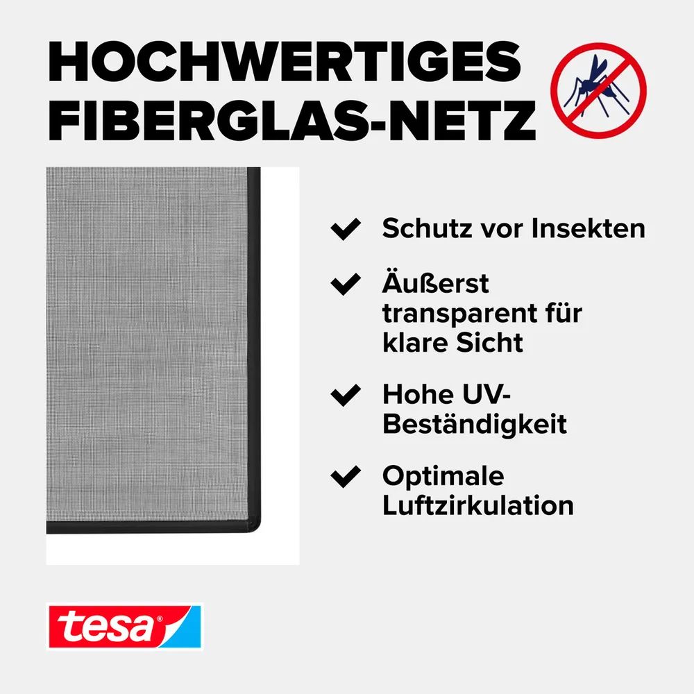 tesa® Clip-On Insektenschutz 1,30 × 1,50 m – weiß – anpassbar & ohne Bohren – für Fensterrahmen