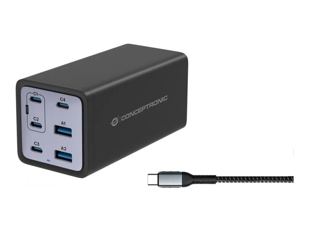 Conceptronic Netzteil - 200 Watt - Power Delivery 3.1, QC 3.0, PD 3.0 - 6 Ausgabeanschlussstellen (4 x USB-C, 2 x 9-polige USB Typ A)