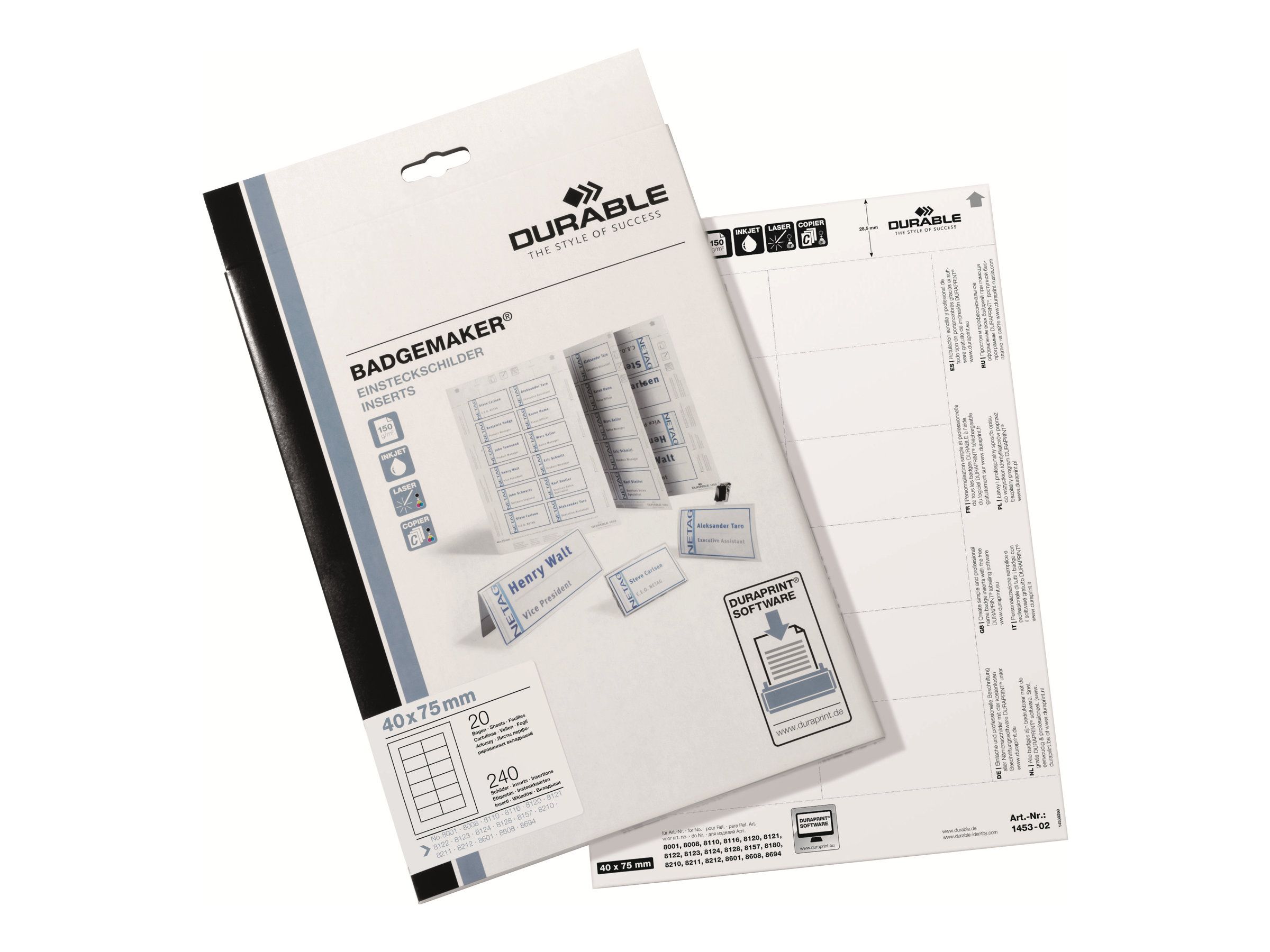 Durable Weiß - 40 x 75 mm - 150 g/m² - 240 Karte(n) (20 Bogen x 12)