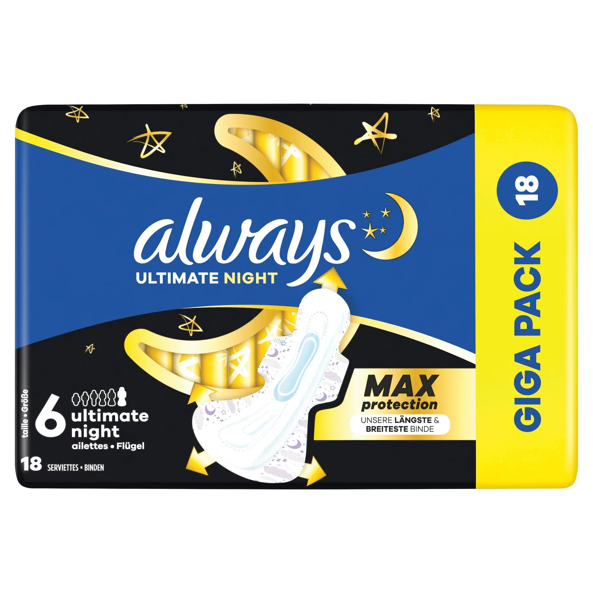 always Binde Ultimate Night - Max Protection mit Flügeln Monatspaket, 54 Binden (3 Packungen x 18 St