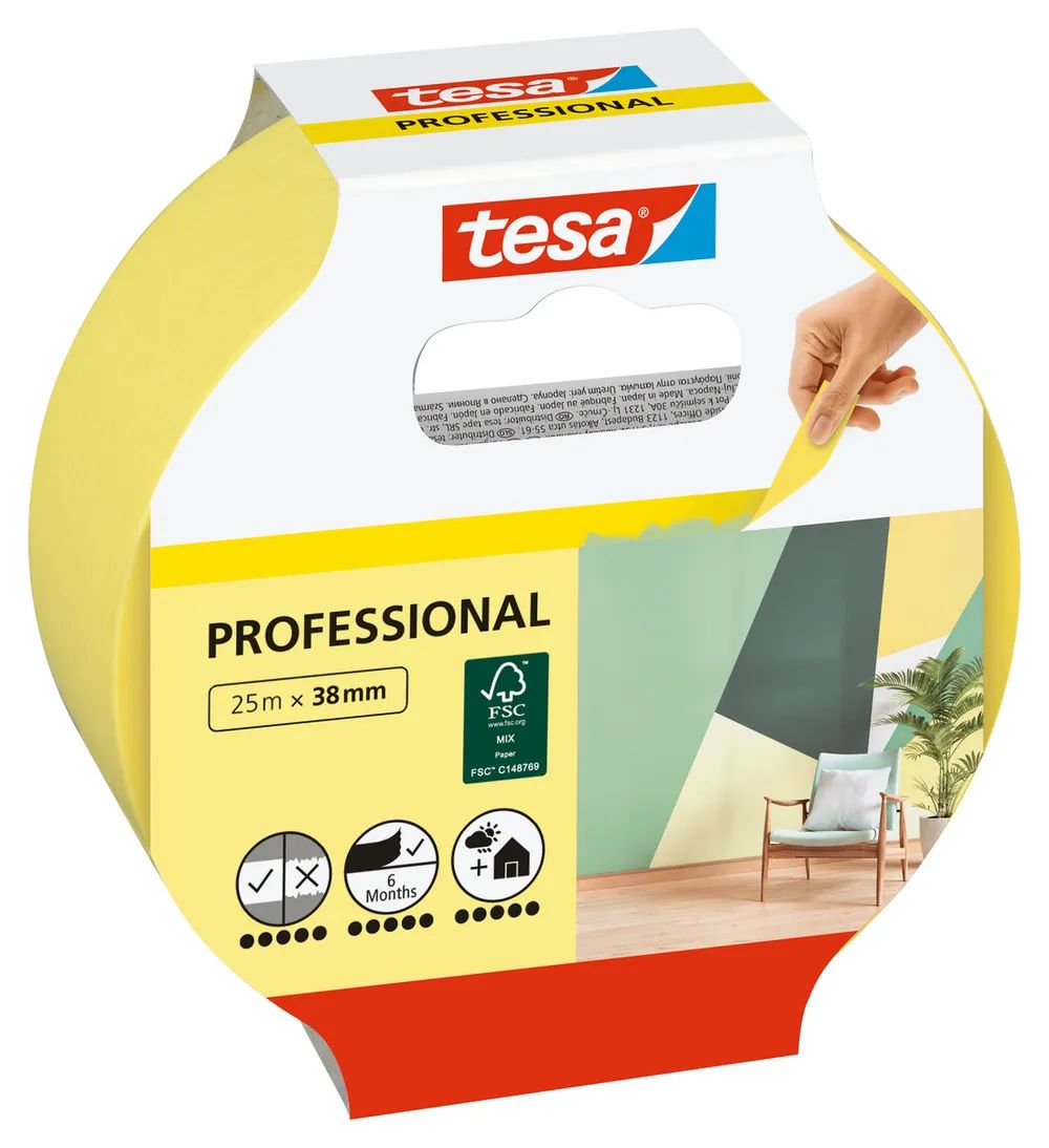 tesa® Malerband Professional – 25 m x 38 mm – präzise Farbkanten für Malerarbeiten