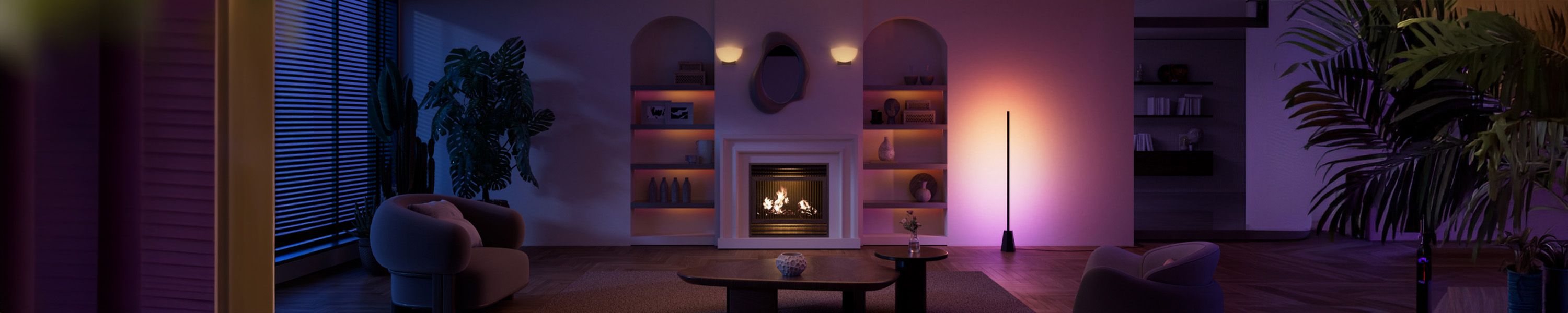Wohnzimmer mit intelligenter Eufy Beleuchtung und farbiger Lichtstimmung
