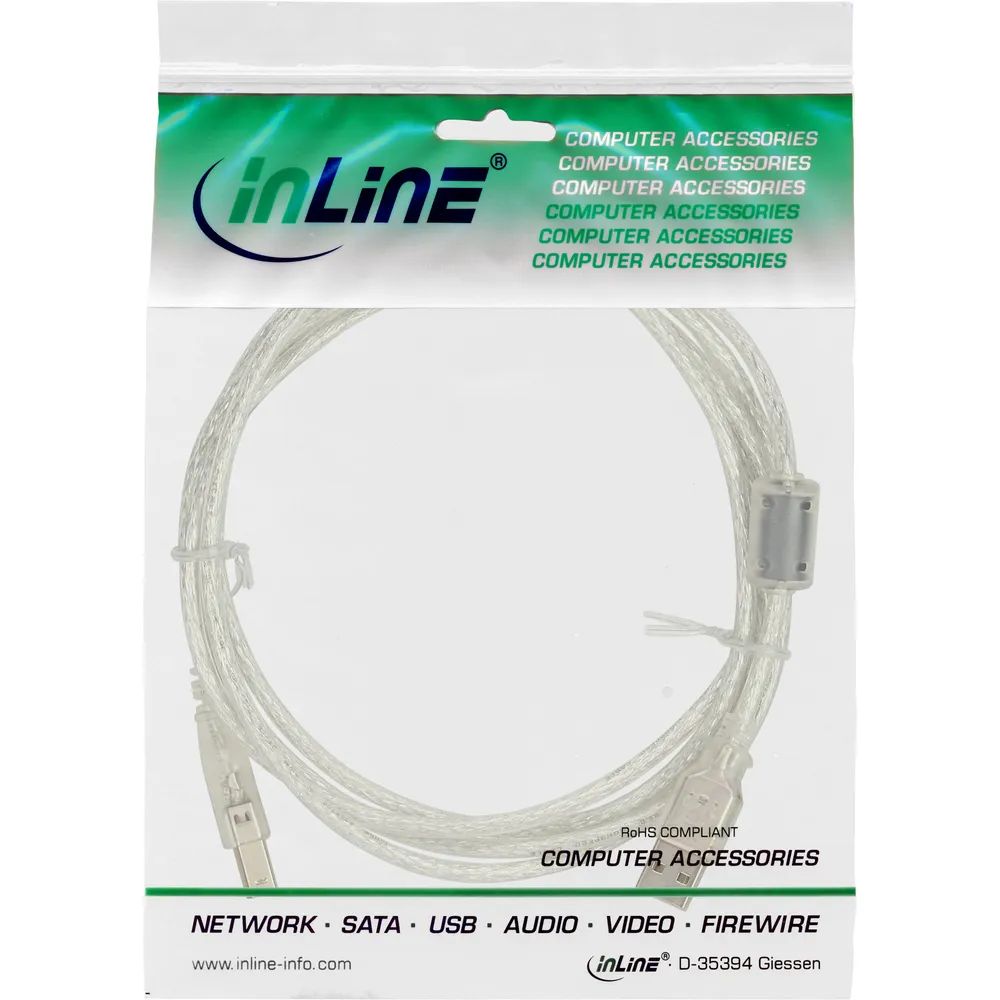 InLine USB 2.0 Kabel - A an B - transparent - mit Ferritkern - 2m