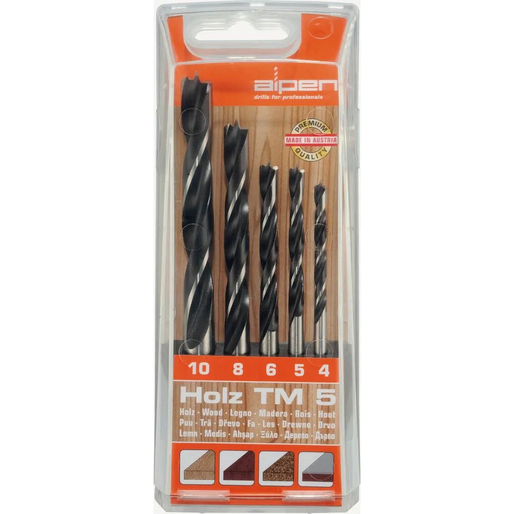 ALPEN Holzspiralbohrer Kassette CV TM5 Bohrer ø 4 - 10 mm 5-teilig