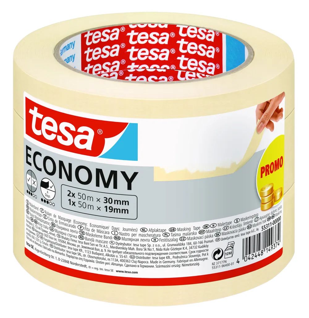 tesa® Malerband Economy – 3er-Pack – Abdeckband für Malerarbeiten