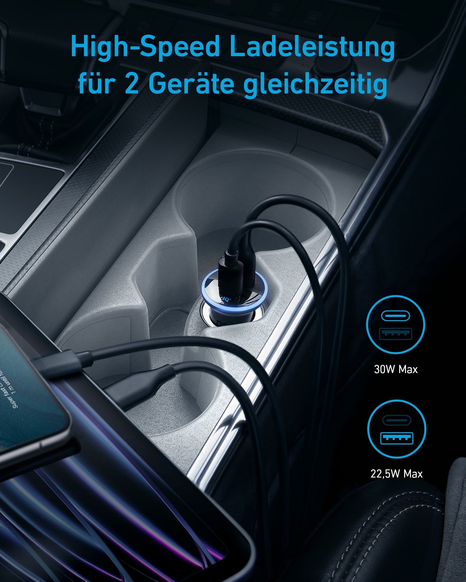 Anker Innovations Anker 323 - Auto-Netzteil - 52.5 Watt - 3 A - IQ 3.0, Fast Charge - 2 Ausgabeanschlussstellen (USB, 24 pin USB-C)