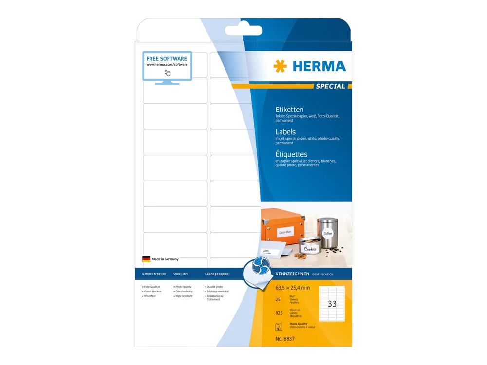HERMA Special - Papier - matt - permanent selbstklebend - beschichtet - weiß - 63.5 x 25.4 mm - 90 g/m² - 825 Etikett(en) (25 Bogen x 33)