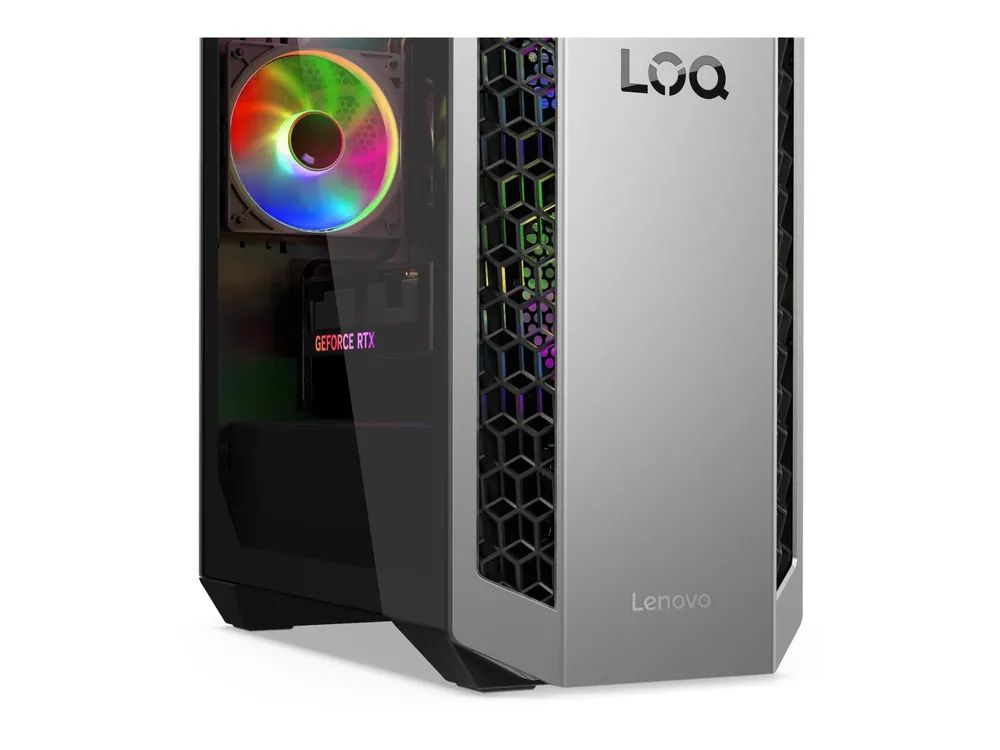 Lenovo LOQ 26ADR10 91DF - Tower - Ryzen 7 8745HX / 3.6 GHz - RAM 16 GB - SSD 1 TB - NVMe - GeForce RTX 5070 - 1GbE, Bluetooth 5.2, Wi-Fi 6 - WLAN: 802.11a/b/g/n/ac/ax, Bluetooth 5.2 - Win 11 Home - Monitor: keiner - luna grau (vorderer Rahmen)