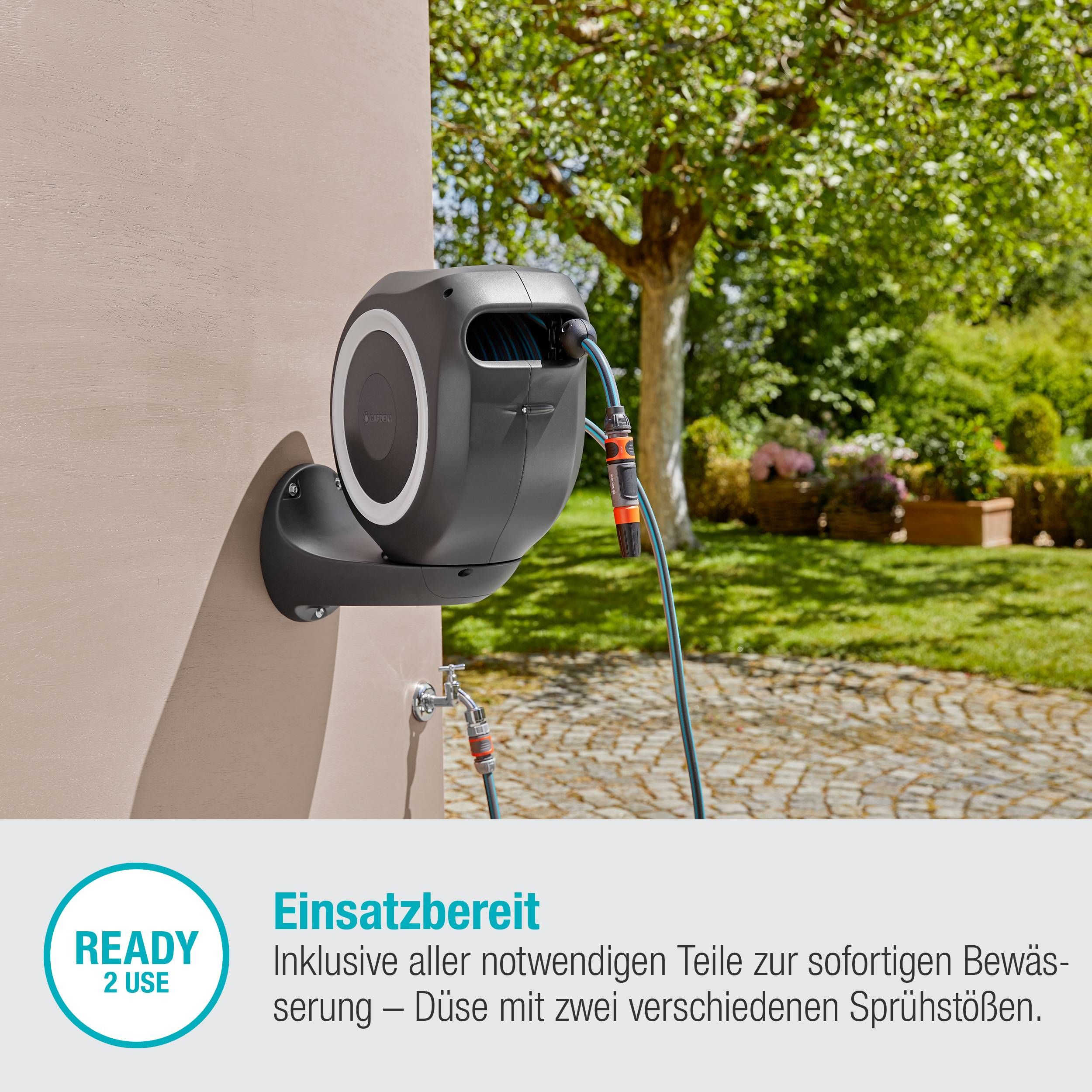 Gardena Wand-Schlauchbox RollUp M, 20 m, weiß Open-Box