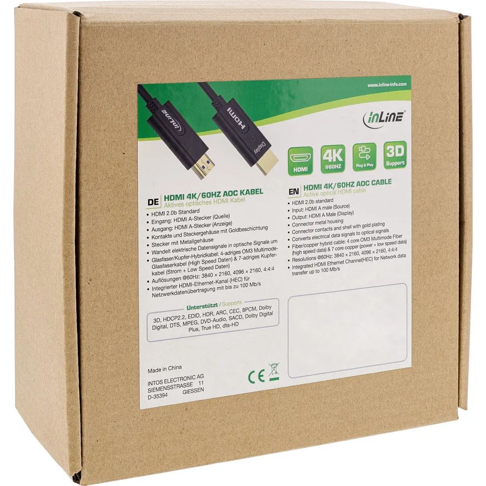 InLine HDMI AOC Kabel - High Speed HDMI mit Ethernet 4K/60Hz Stecker/Stecker 10m