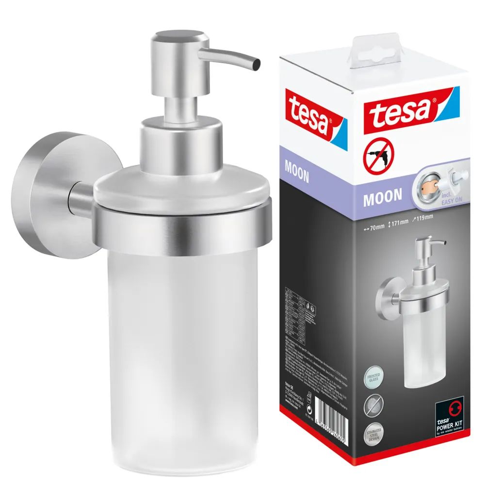 tesa® MOON Seifenspender-Set – satiniertes Glas, ohne Bohren