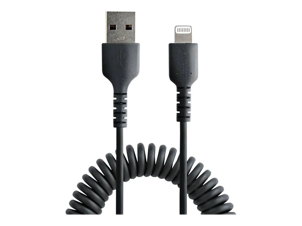StarTech.com 50cm USB auf Lightning Kabel, Spiralkabel, MFi zertifiziert, Schnellladekabel für iPhone/iPad, Schwarz, robuster TPE Mantel mit Aramidfaser, USB 2.0 Kabel (RUSB2ALT50CMBC)