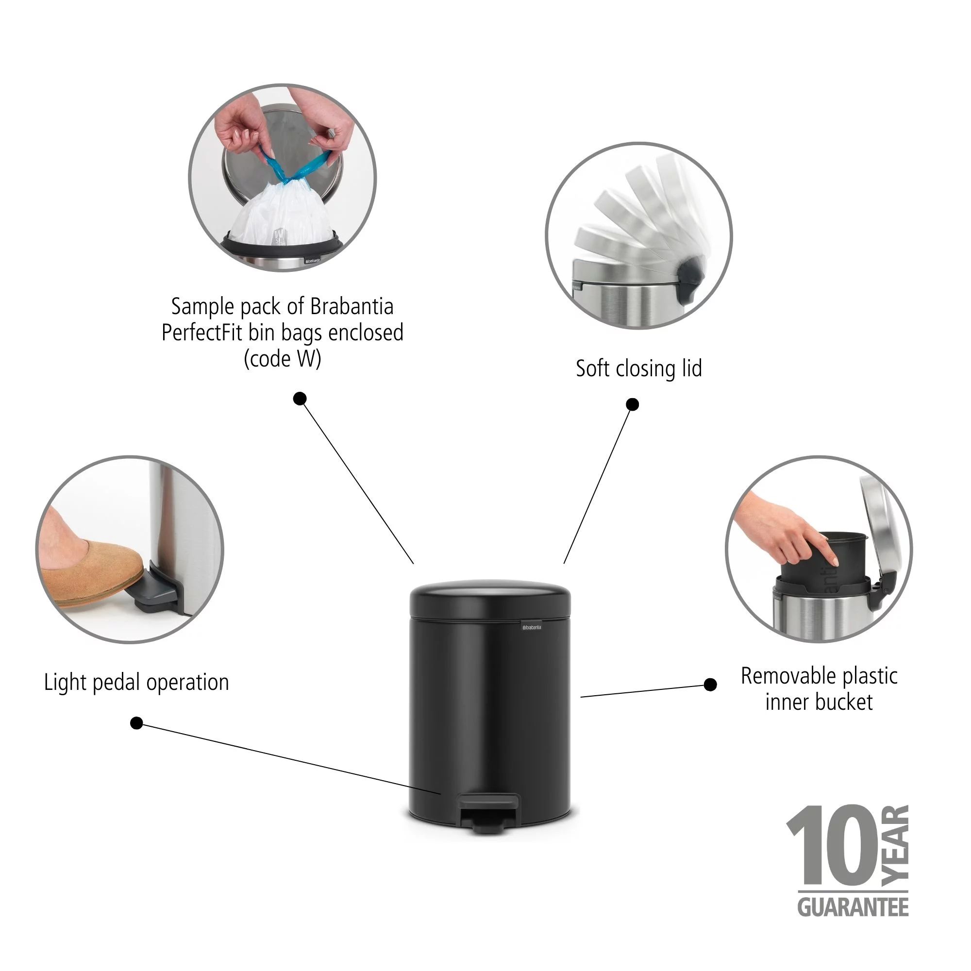Brabantia newIcon Treteimer 5l mit Kunststoffeinsatz, Matt Black Open-Box