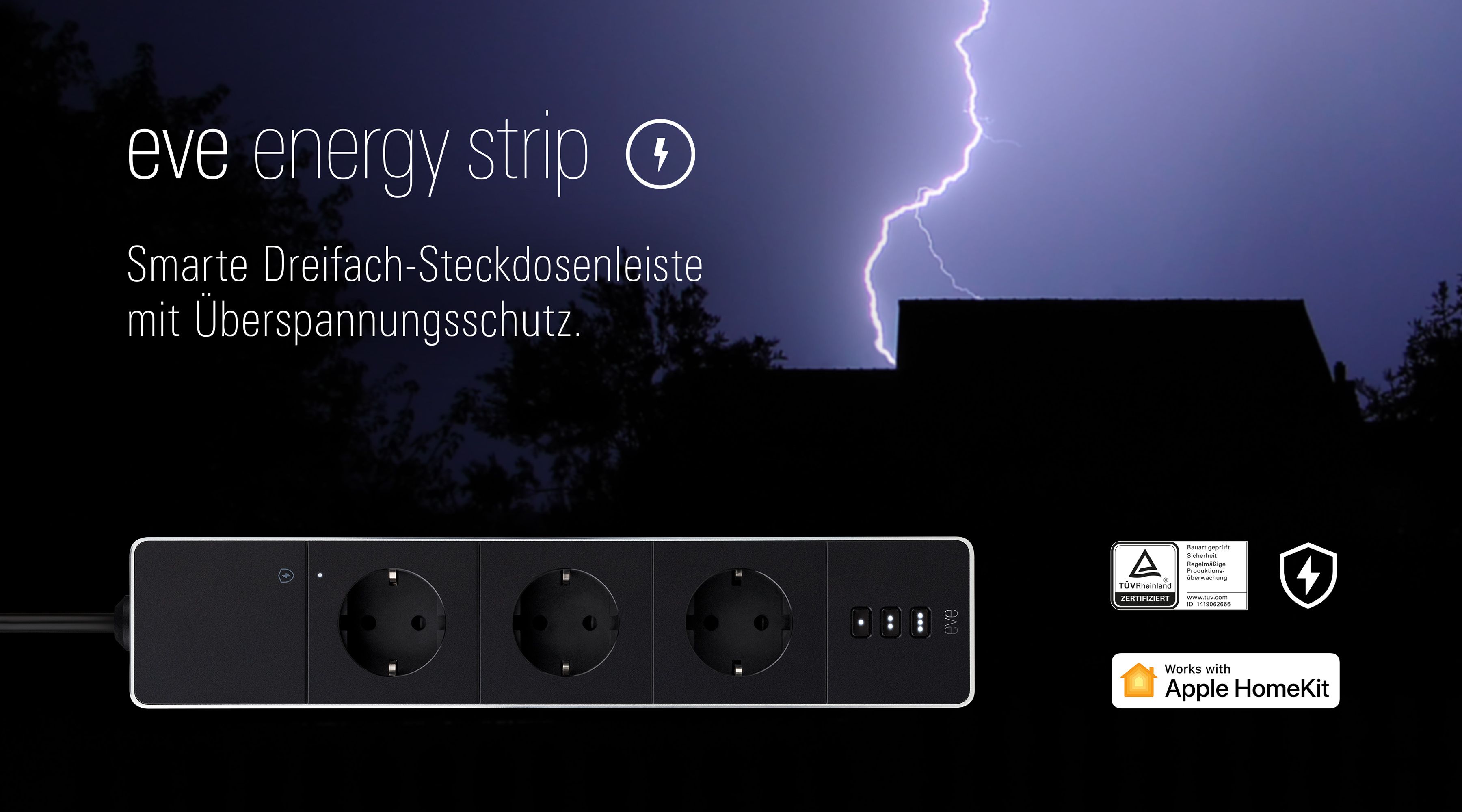 Elgato EVE Energy Strip - Steckdosenleiste - Wechselstrom 230 V - 3680 Watt - Wi-Fi - Eingabe, Eingang Typ F - Ausgangsanschlüsse: 3 (3 x Strom Typ F)