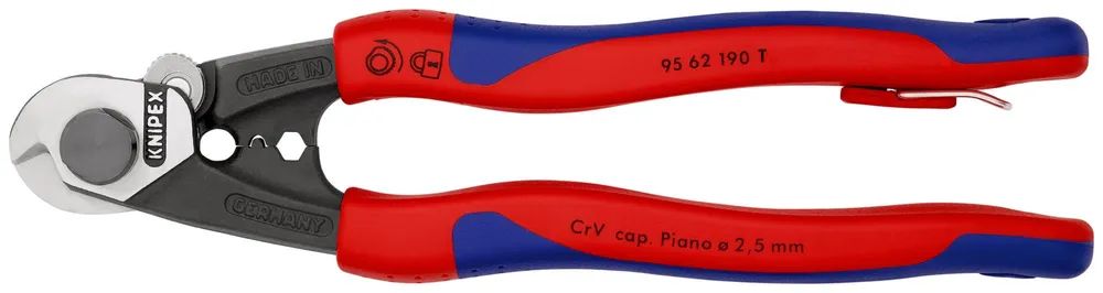 KNIPEX 95 62 190 T Drahtseilschere geschmiedet mit 2K-Hüllen, mit integrierter Befestigungsöse 190 mm